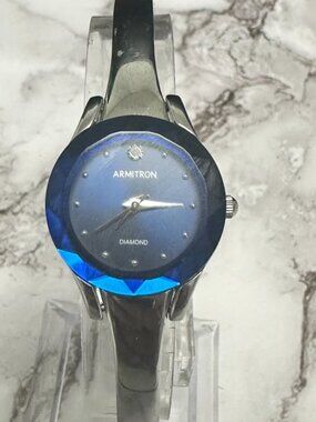 Armitron Watch Women Silver Tone Blue Dial Faceted Bezel Bangle Band New Battery